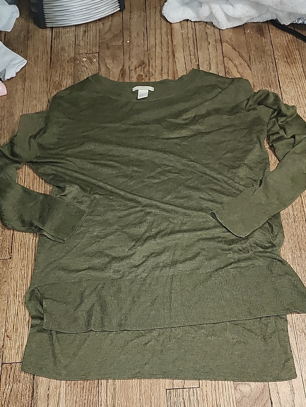 H&M Olive Layered-Hem Lightweight Long Sleeve Sweater